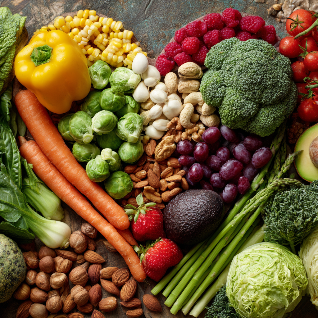 Colorful array of healthy heart diet foods including vegetables fruits and nuts