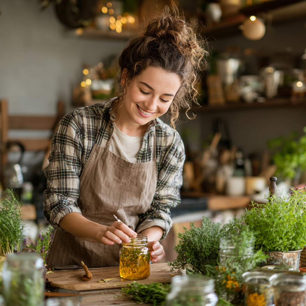 Woman preparing healthy herbs and natural remedies in modern kitchen